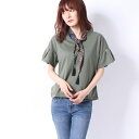 【アウトレット】グリーンパークス Green Parks outlet スカーフ付Vネックカットデザインプルオーバー (カーキ)