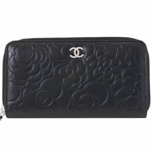 CHANEL [シャネル] 50085　カメリアエンボス　カーフ　長札ラウンドファスナーサイフ　ブラック／シルバー