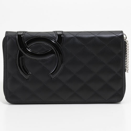 プレゼントにオススメ　CHANEL [シャネル] 48660　カンボンライン　ラムスキン／エナメル　長札ラウンドファスナーサイフ　ブラック／ブラック
