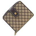 セリーヌ 二つ折り財布 マカダム ベージュ ダークブラウン キャンバス レザー 中古 レディース コンパクト ミニ CELINE