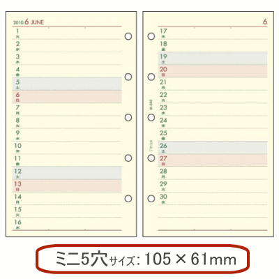 バインデックス　システム手帳リフィル　ミニ5穴サイズ/　2012年　月間ダイアリー1　能率手帳タイプ　M-045名刺サイズのシステム手帳　日付入リフィル　2011年　Bindex