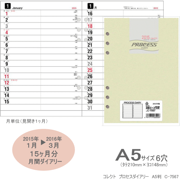 システム手帳 リフィル 2015年 A5サイズ6穴 見開き1ヶ月...:maejimu:10009950
