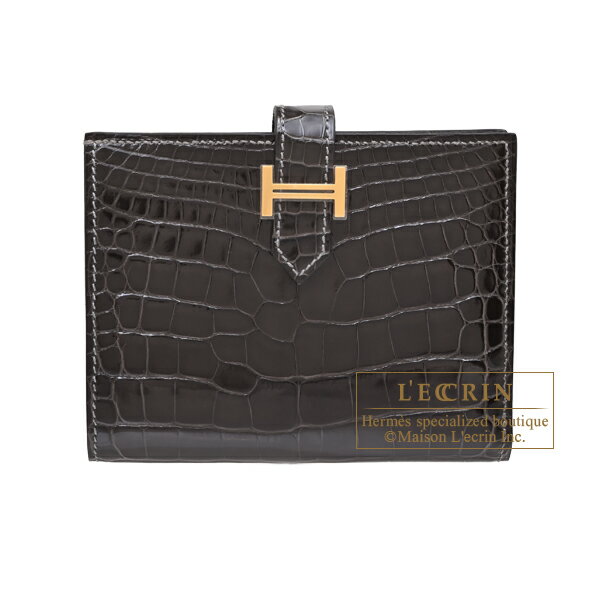エルメス　ベアンコンパクト　グリフォンセ　クロコダイル　アリゲーター　ゴールド金具　HERMES　Bearn compact wallet　Gris fonce　Alligator　crocodile skin　Gold hardware