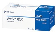 伸縮性、通気性の良いメッシュ状（網目）の不織布粘着包帯！ニチバン　メッシュポア　NO．25　1箱（25mm×10m)　12巻入 刺激の少ない粘着剤を塗布した包帯です。