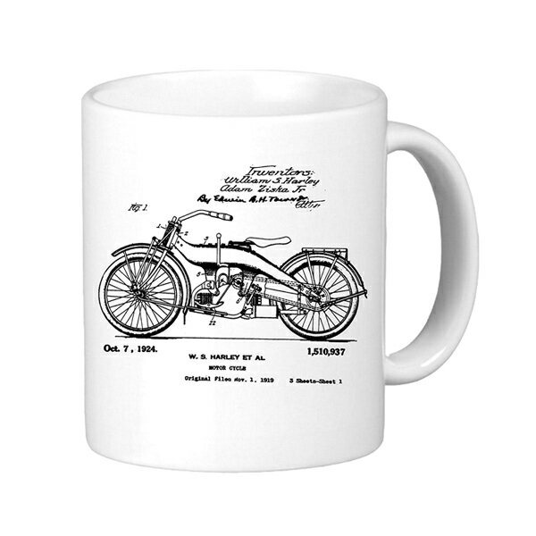 【米国輸入品】コーヒーマグカップ　“1924年特許取得ハーレーダビッドソンモーターサイクルアートプリント”　ホワイト【インテリア　キッチン雑貨】