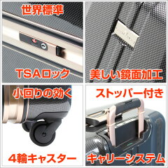 機内持ち込み、無料受託手荷物、容量拡張機能、ストッパー、TSAロック、コーナーパッド、ハンガー、ダイヤルロック、フレームタイプ、ファスナータイプ、メッシュポケット、中仕切り、Xバンド、キャリーバー、ポリカーボネート、ABS樹脂、ポリエステル、アルミニウム