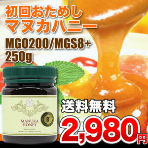 医療の国際規格マヌカハニー【モラン博士認定】初回お試し★第1位180週!楽天蜂蜜ランキングNZ産健康蜂蜜を1ヶ月お試し♪MGS8+(MGO200)250g試験分析書付き遮光容器非加熱無添加100%天然はちみつ【送料無料】
