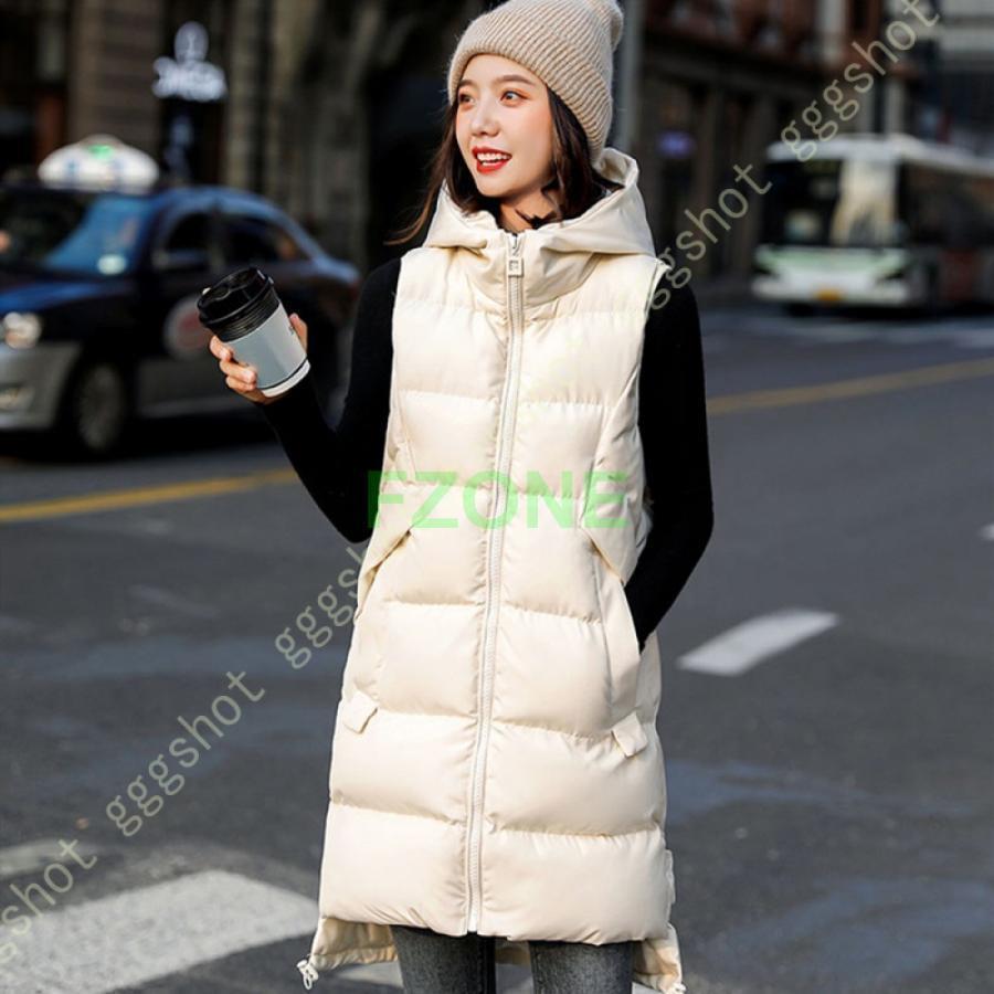 ダウンベスト レディース ロング丈 防風 中綿ベスト 可愛い ふわふわ 暖かい ベストコート 秋冬 綿入りノースリーブ 大きいポケット ゆったり