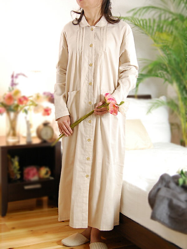 【松並木のガーゼネグリジェナイティー】暖か!着心地満点!ヌーディコットンベージュガーゼ3枚重ね長袖全開ネグリジェ*フリーサイズ【日本製】