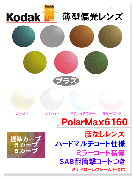 【Kodak】薄型偏光レンズPolarMax6160ハードマルチ＋ミラーコート（度なしタイプ）