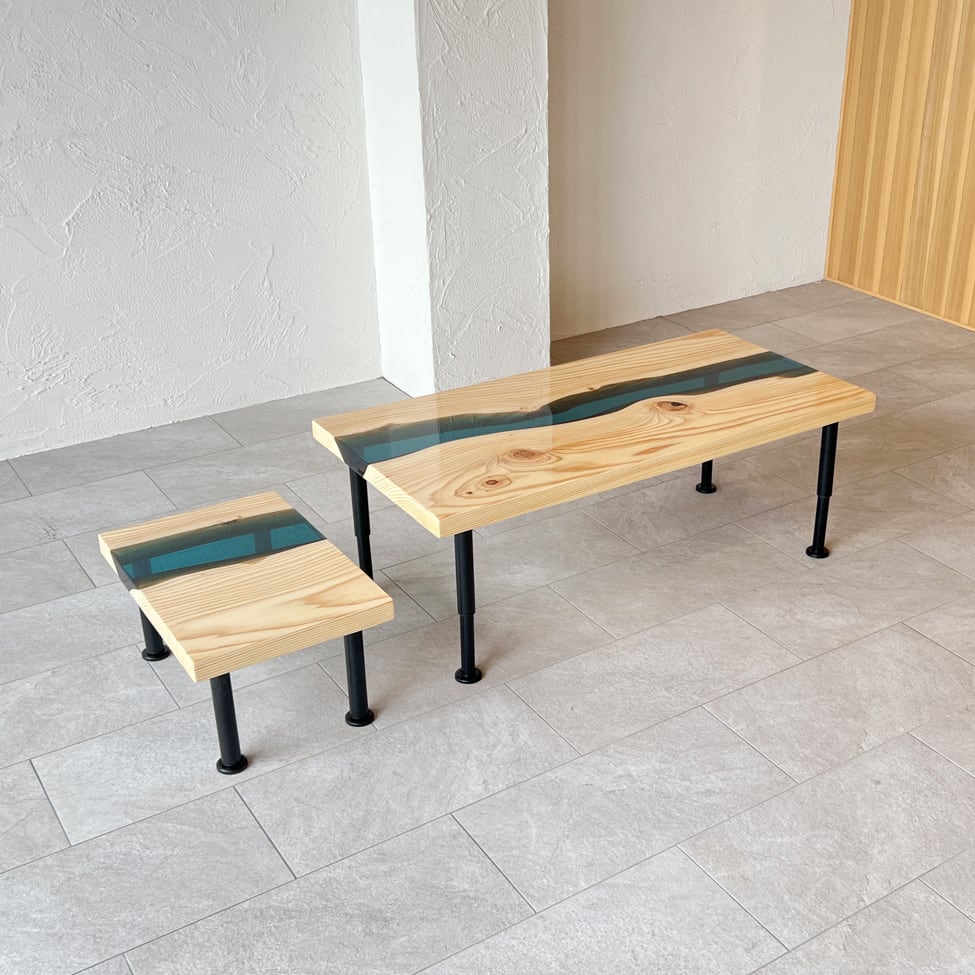 銘木屋 一枚板 ローテーブル サイドテーブル セット テーブル レジンテーブル リビング 応接 会議 商談 座卓 インテリア おしゃれ 栂 ツガ トガ 高品質 希少木材 120cm×60cm×29.5～48.5cm 厚み45cm 一点もの 日本製 天板サイズ変更可 送料無料 RC691ST072