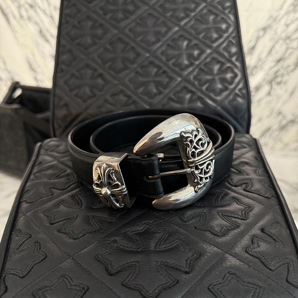 CHROME HEARTS 3PC Classic Leather Belt Size 32 Inch クロムハーツ 3PC クラシック レザーベルト シルバーバックル CHクロス カーフスキン シルバー925 5穴 ブラック サイズ32インチ【250912】【中古-A】