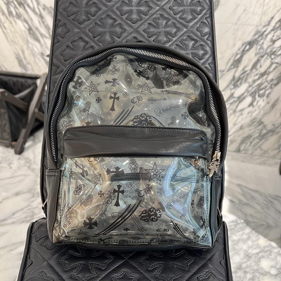 CHROME HEARTS PVC Leather Multi Logo Print Back Pack クロムハーツ PVC素材 レザー マルチロゴプリント バックパック リュックサック 総柄 ダガージップ シルバー925 ブラック×クリア【250913】【中古-A】
