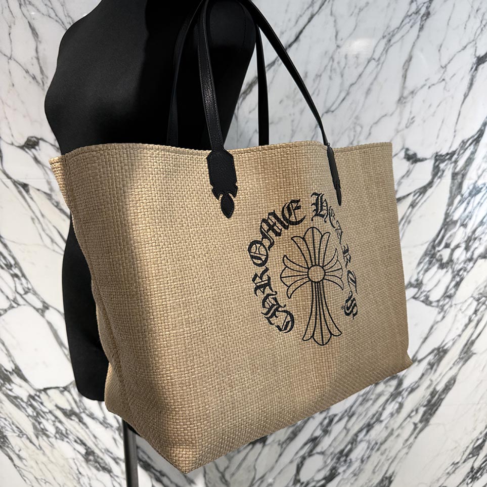 CHROME HEARTS CH Cross Print Large Beaches Bag クロムハーツ CHクロス プリント ラージ ビーチバッグ 織物トートバッグ 鞄 肩掛けバッグ サマーバッグ フレアデザインハンドル シルバープレート ベージュ×ブラック【250828】【新古品】