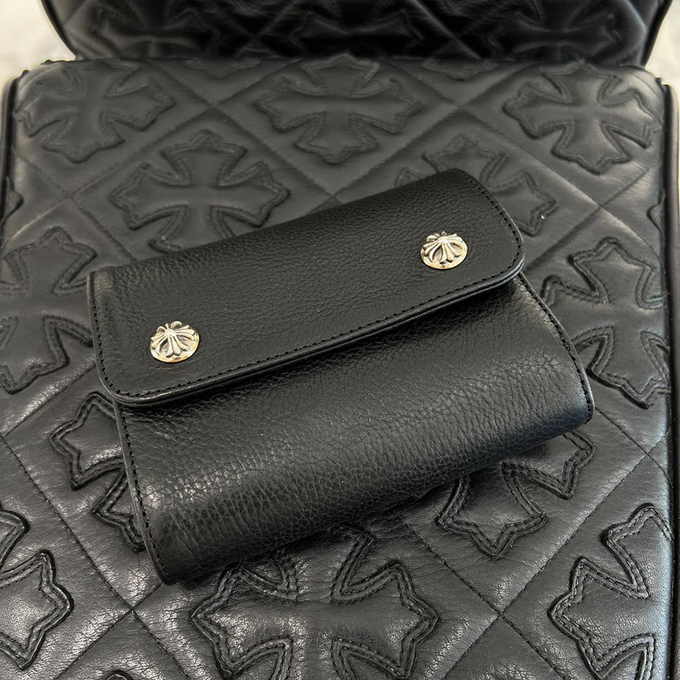 CHROME HEARTS Wave Mini Cross Ball Wallet クロムハーツ ウェーブ ミニ クロスボール ウォレット 三つ折り 長財布 レザー カーフスキン ダガージップ シルバー925 ブラック【250823】【新古品】