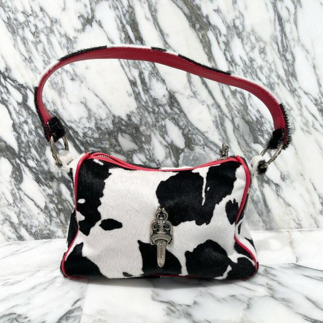 CHROME HEARTS CHICKEN NUGGET Harako Small Leather Shoulder Bag　クロムハーツ チキンナゲット ハラコ スモール レザーショルダーバッグ ハンドバッグ ダガー装飾 ダガージップ シルバープレート 牛柄 ホワイト×ブラック×レッド 【250815】【新古品】