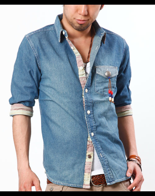 【散りばめられたこだわり一つ一つが魅力なんです】ボタンアクセデザイン6分袖デニムシャツ