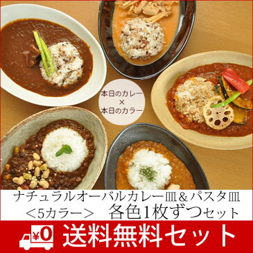 【送料無料】和食器　ナチュラルオーバルカレー皿＆パスタ皿＜5カラー＞　各色1枚ずつセット【美濃焼/食器/訳あり/アウトレット込み/カレー皿/楕円/cafe/パスタ皿/変形/食器セット/最安値挑戦/カフェ風/cafe風】