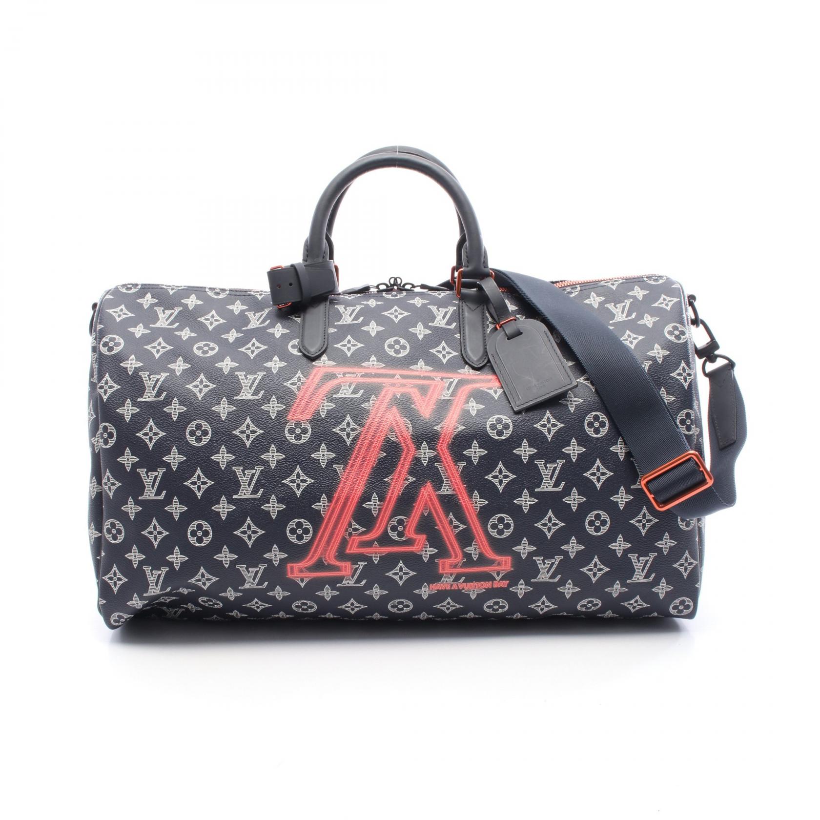 ルイ・ヴィトン LOUIS VUITTON キーポル バンドリエール50 アップサイドダウン モノグラムインク ボストンバッグ バッグ PVCコーティングキャンバス レザー メンズ ネイビー系 / ホワイト系 / レッド系 M43684 【中古】