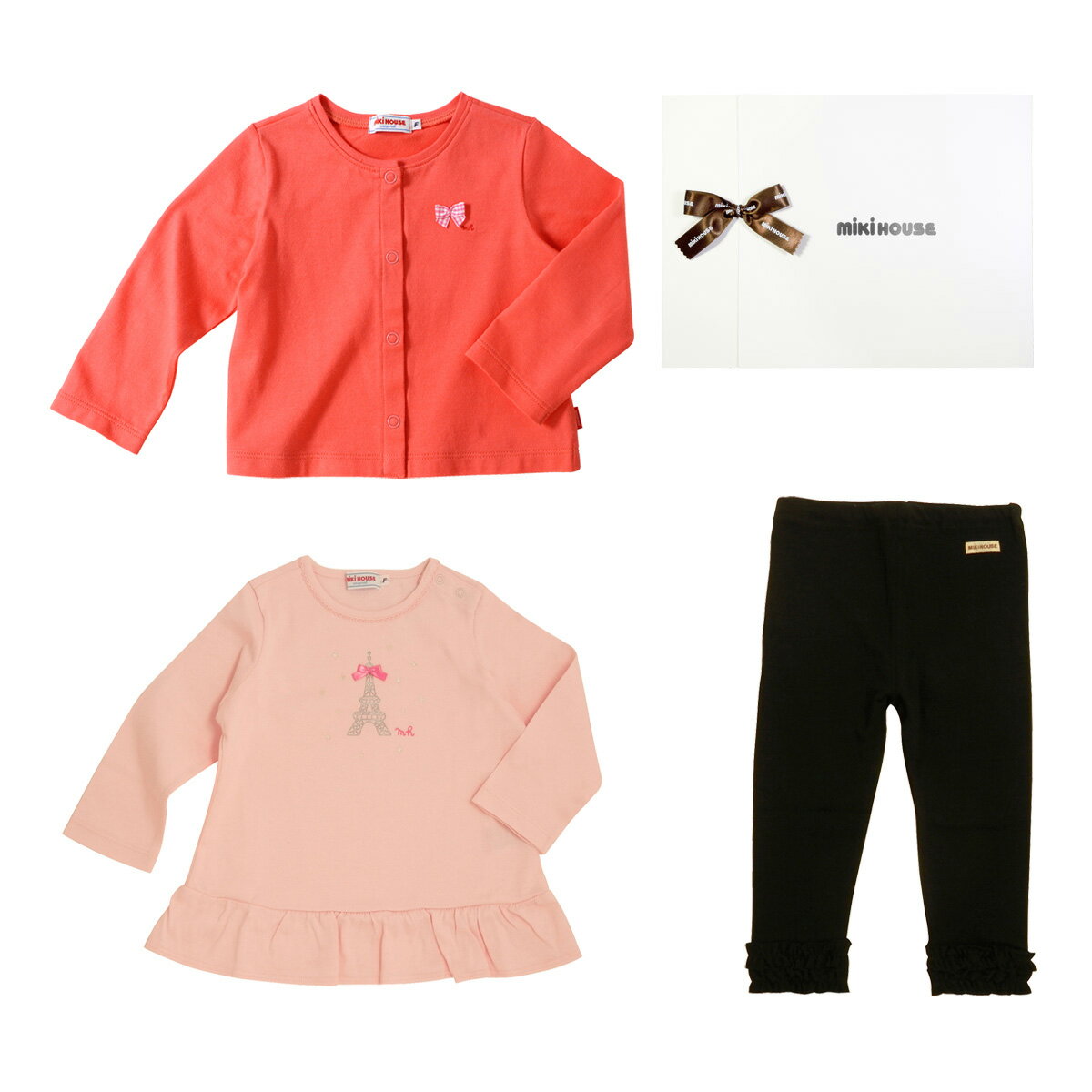 【ミキハウス】【BOX　L付】エッフェル塔プリント長袖Tシャツ付き♪カーディガン3点ギフトセット（70cm-80cm）【10,800円以上で送料無料】 ランキングお取り寄せ