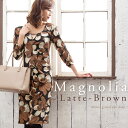 【S,M,L,XL,トールサイズ】不二子ワンピ:マグノリア ラテブラウンジャージー 花柄 ワンピース タイト 着やせ 膝丈 ひざ丈 七分袖 30代 40代 大人 上品 エレガント 二次会 2次会 フォーマル onepiece 秋冬 秋 冬