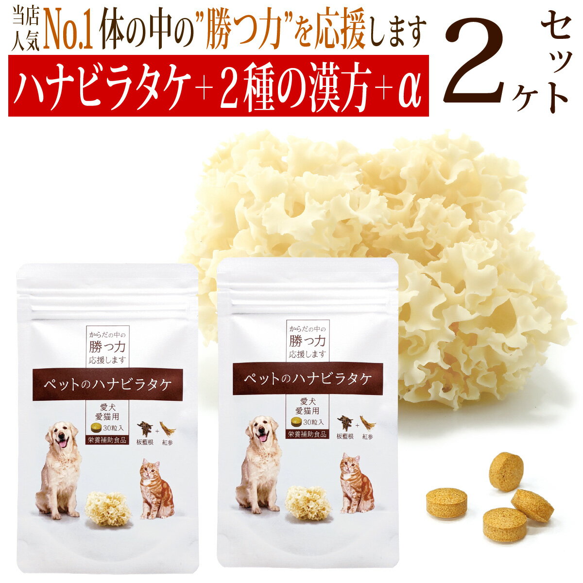 ペットのハナビラタケ2個セット/5%オフ セット割引 お得 犬 猫 サプリ ハナビラタケ ベータグルカン 板藍根 紅参 ローヤル<strong>ゼリー</strong> フコイダン プロポリス 免疫力 シニア ペット 高齢犬 老犬 老猫 病中 病後 お悩み 日本製 国産 漢方 おすすめ 人気 国産 安心