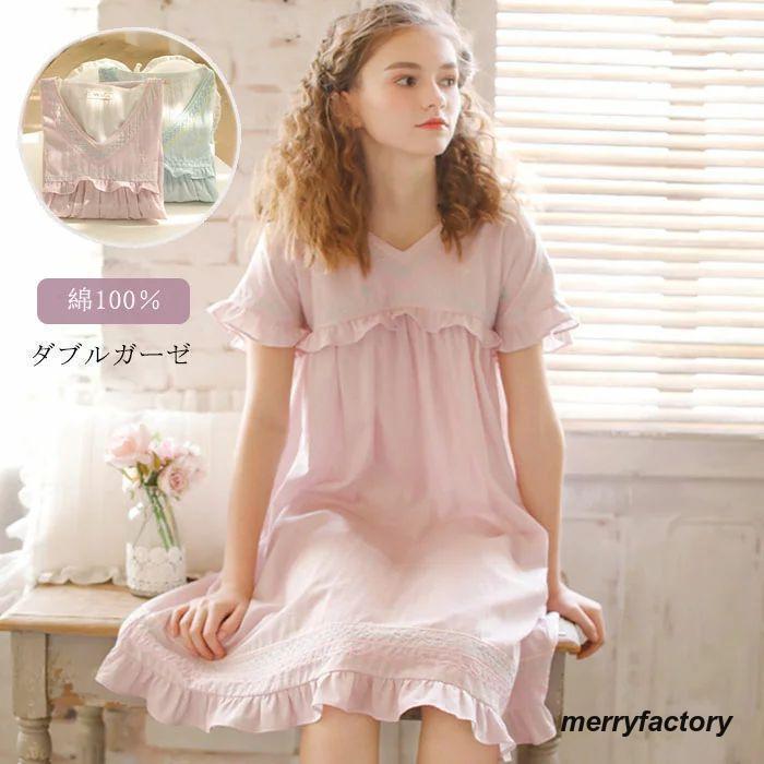 パジャマ レディース 綿100％ 綿ガーゼ ワンピース ドレス 半袖 ダブルガーゼ レース Vネック レース フリル 星の柄 2colors ロリータ パジャマ 部屋着 寝巻き