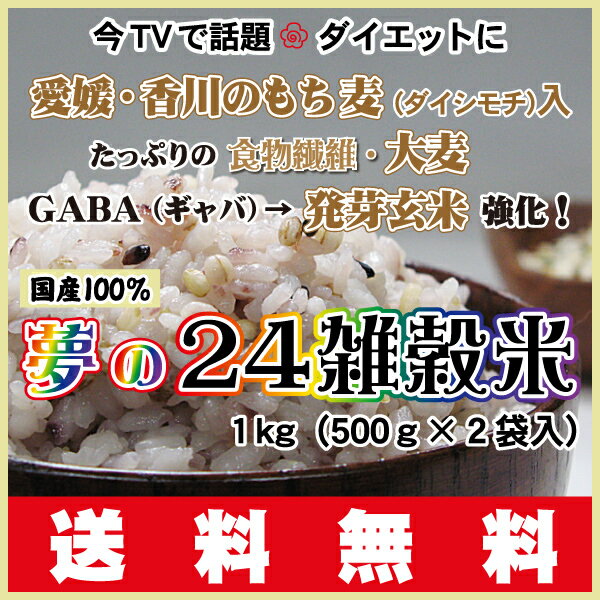 24雑穀米★1kg⇒今だけ500gX2袋　TVで話題の超希少！愛媛・香川のもち麦（ダイシモチ）＆愛媛はだか麦入たっぷり食物繊維⇒大麦！夢の24雑穀米（国産100％）さらに見逃し禁止のGABAギャバも強化配合たっぷり1kg（500gX2袋）送料無料