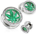 ジュエルリングトンネル(ガンジャ) 0G 0ゲージ 00G 00ゲージ 12.0mm 12mm マリファナ 緑 葉 リーフ グリーン サージカルステンレス316L ボディピアス メンズ レディース 耳 ホール系 ラインストーン クリスタル ジルコニア 埋め込み ネジタイプ プラグ ホール スクリュー