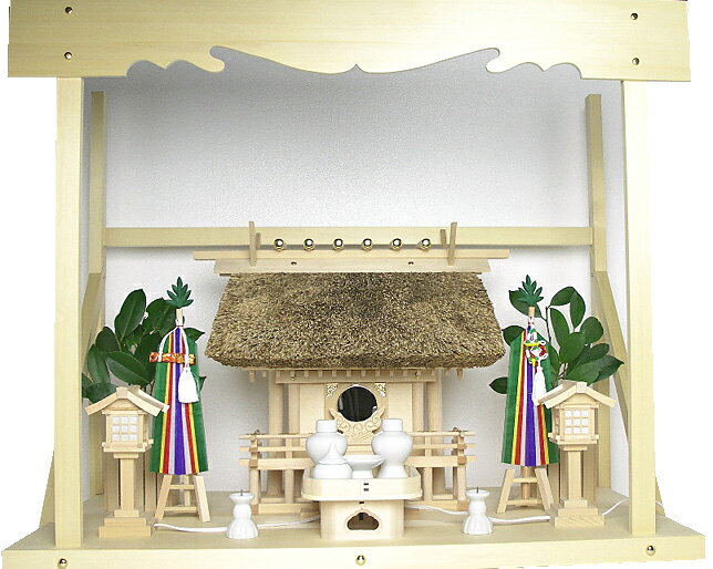 神棚 茅葺一社宮〈K-3〉+神具セット(フル・小)+神棚板+雲板(大)のセット
