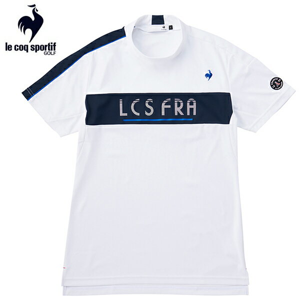 ゴルフシャツ半袖　ルコック　ゴルフウエア　切替デザインモックネックシャツ　ストレッチフォーサー　QGMXJA13　WH　ホワイト