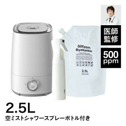 超音波 加湿器 卓上 4Lタンク 次亜塩素酸 2.5L＆<strong>ミスト</strong>スプレー付き 次亜塩素酸水 高濃度500ppm 除菌消臭 季節性ウイルス対策 99.9％室内除菌で菌 カビ ウイルスの季節 10倍希釈 バイバイ菌 皮膚刺激性 経口毒性 吸入毒性試験み