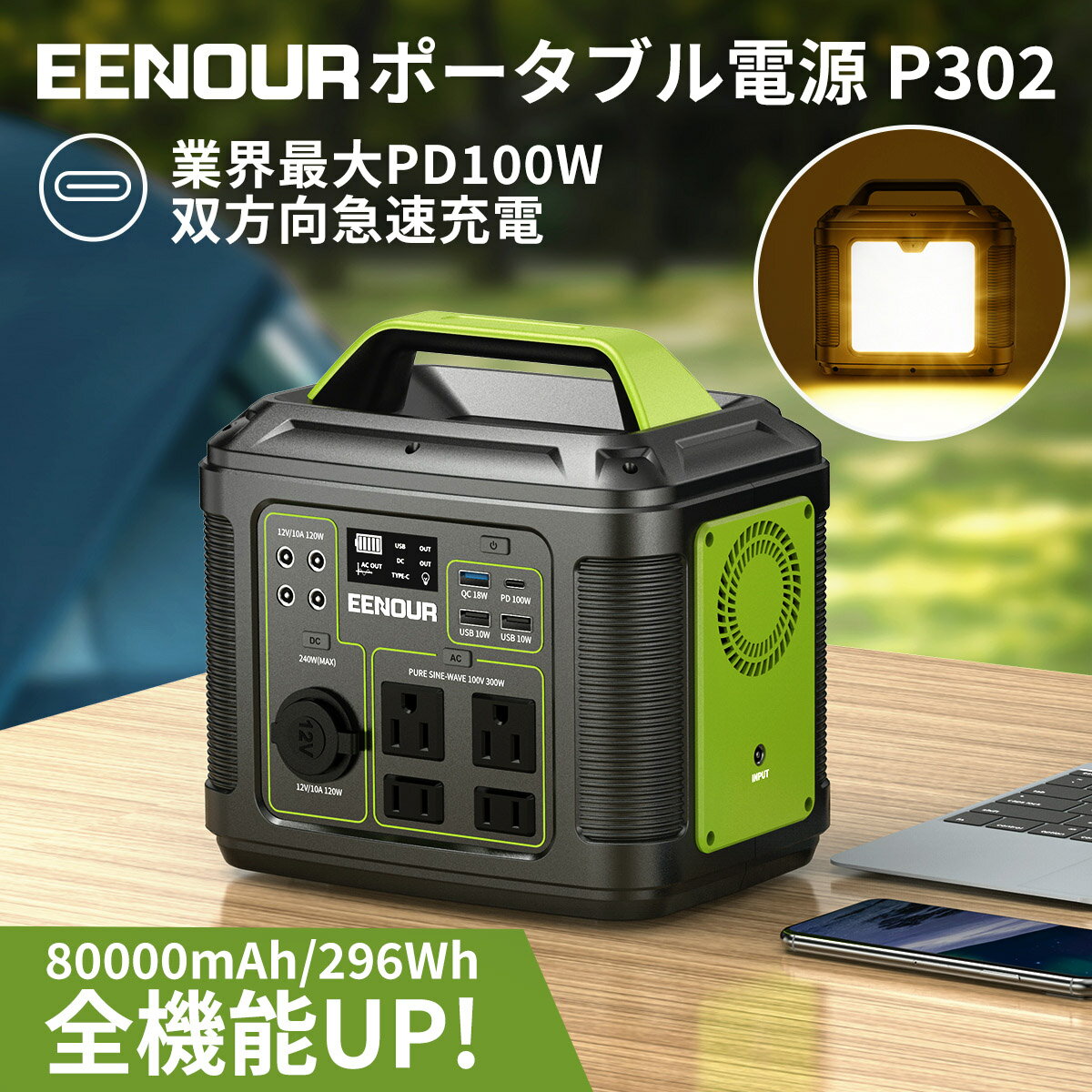 【レビューで3年保証】EENOUR ポータブル電源 P302 全機能UP!80000mAh/296Wh PD100W双方向急速充電 QC3.0 フル充電2時間 出力ポート13口 18W高輝度LEDライト DC出力最大240W 純正弦波 地震対策 アウトドア 防災グッズ 台風 停電時に 車中泊 非常用電源 PSE認証済