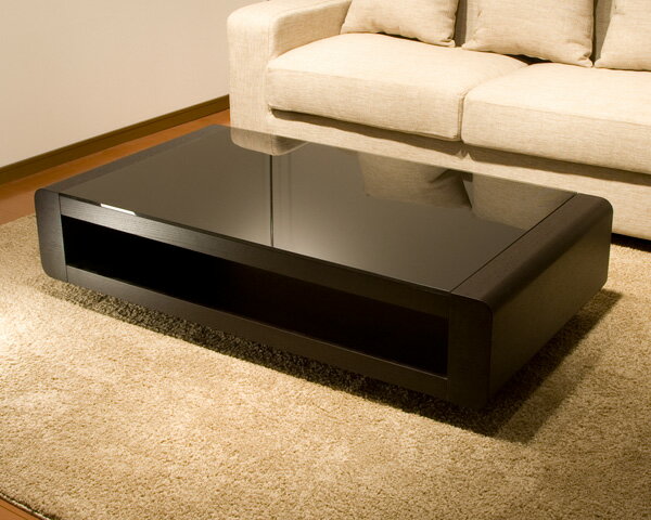 ブラックガラストップリビングテーブル/Loob木目が美しく、鏡面のガラス天板