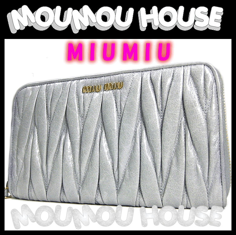 miu miu■ミュウミュウ■ギャザー■ラウンドファスナー長財布■グレー♪美品♪【あす楽対応】【中古】【モウモウハウス】