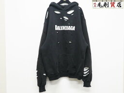 <strong>バレンシアガ</strong> BALENCIAGA 21SS Caps Destroyed Hoodie フーディ プルオーバー ブラック ダメージ加工 659403 TKVB6 【中古】 <strong>パーカー</strong>