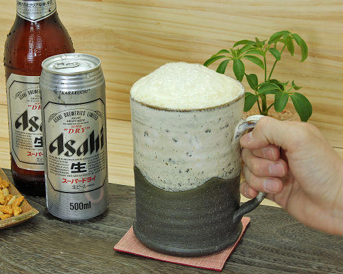 産地直送、送料無料！飲兵衛もビックリの容量1L 泡も細くクリーミー！ 信楽焼　陶器製 黒釉白流しビアジョッキ(ビアマグ、ビアカップ、花器、花入れ) 【父の日】【ギフト】【お祝い】【贈り物】【窯元直送】【信楽焼き】