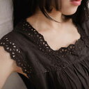 【 094096 】 ノースリーブ刺繍レースコットンペチブラウス 【 墨 薄黒色 】