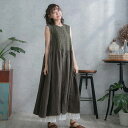【 096008 】 前開きノースリーブ刺繍レースリネンロングワンピース 【 墨 薄黒色 】