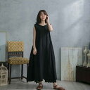 【 097029 】 ワンピース ノースリーブ刺繍レースリネンAラインロングワンピース 春夏新作 【 ブラック 黒色 】