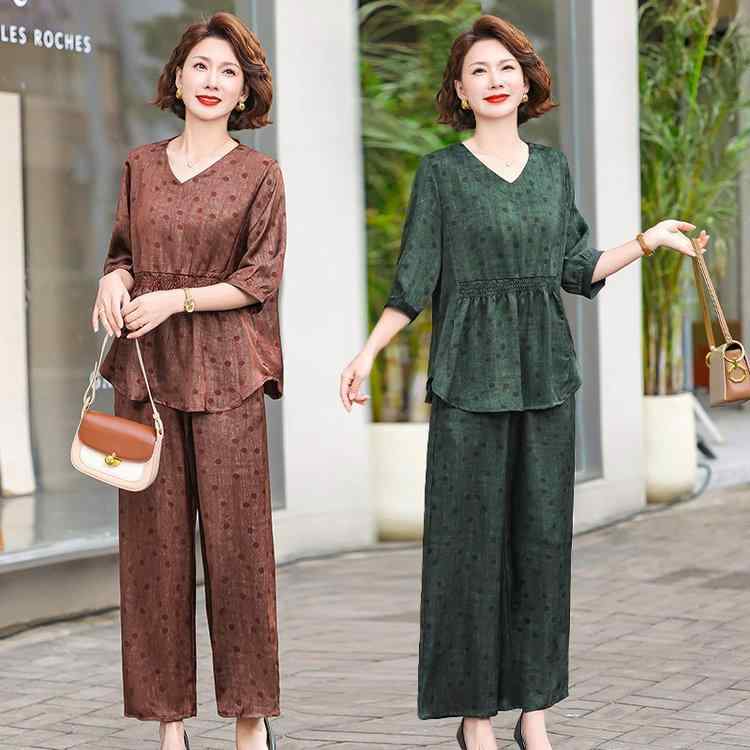 セットアップ レディース ミセス 夏物 体型カバー 着痩せ ゆったり 薄手 カジュアル 高級感 上品 エレガント 花柄 プルオーバー トップス 九分丈パンツ 2点セット コットンポリエステル
