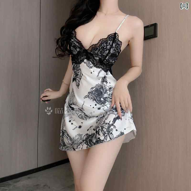 ナイトウェア レディース 水墨画風 バックオープン カップ付き Vネック レースデザイン セクシー 接触冷感 サテン調 ポリエステル ルームワンピース 春夏 高級感 エレガント
