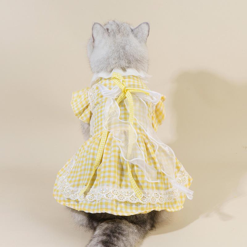 ペット服 女の子用 ロリータ風 ドール風 レース チェック柄 ワンピース ドレス 犬 猫 小型犬 中型犬用 お散歩 お出かけ ポリエステル素材 テディ ビション トイプードル(x2)