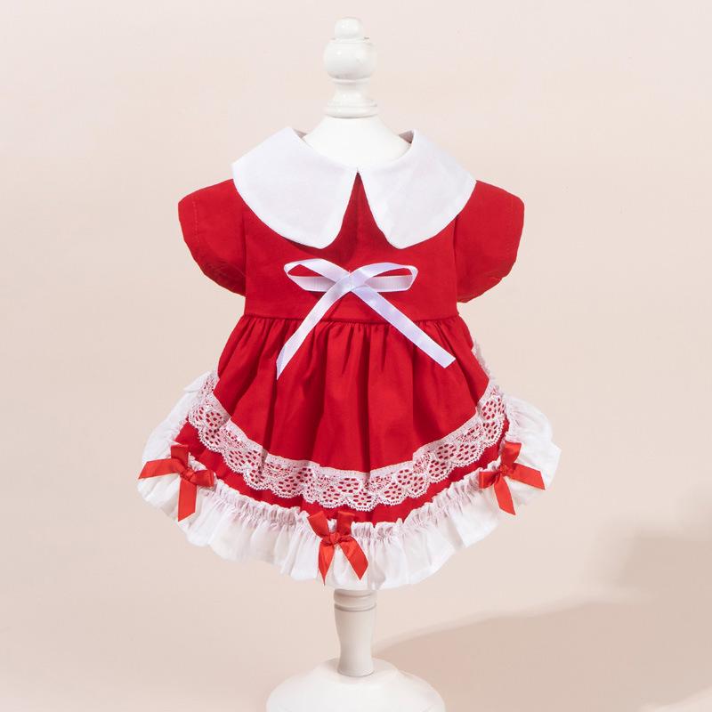 犬服 猫服 女の子 春夏 ロリータ レース ティアードフリル かわいい コットン ペット用ワンピース 小型犬 中型犬 お散歩 お出かけ レッド ブルー(x2)