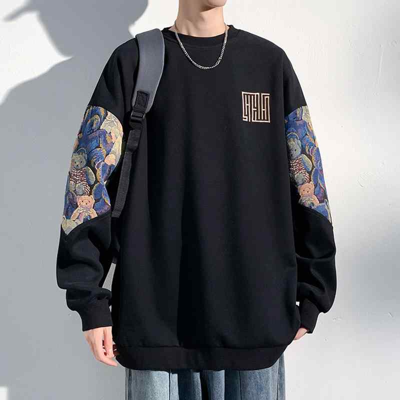 トレーナー メンズ 秋冬 プルオーバー 上質コットン 刺繍 ゆったり クルーネック 切り替え 長袖 綿混素材 ストリートファッション 部屋着 大きいサイズ ミドルウェイト