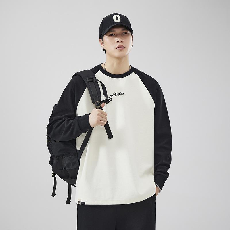 Tシャツ メンズ 厚手 伸縮性 ストレッチ 耐久性 ゆったり ビッグシルエット 長袖 ラグランスリーブ 切り替え 配色 クルーネック 綿混紡 カジュアル 秋