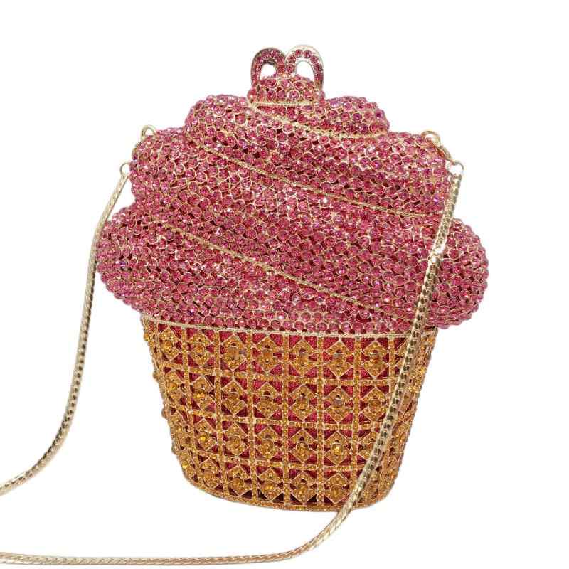 クラッチバッグ レディース アイスクリームモチーフ フルラインストーン 煌めく 透かし彫り メタル クリスタル マグネット開閉 スマホ収納 パーティー 結婚式 二次会 披露宴 お呼ばれ フォーマル バケツ型 かっちり かわいい ピンク ゴールド