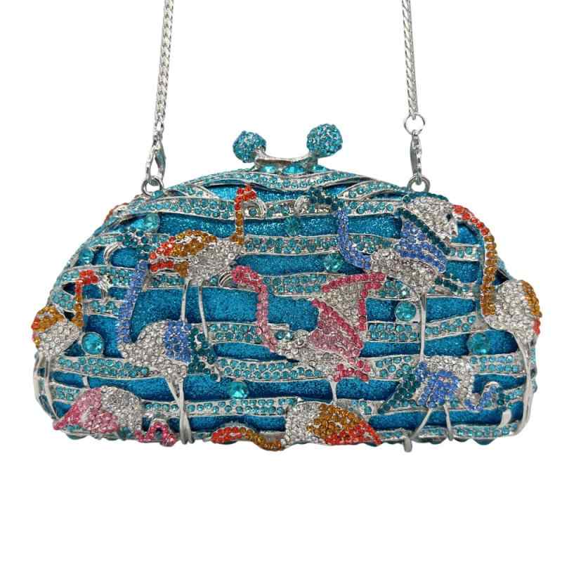 クラッチバッグ レディース フラミンゴ柄 ラインストーン装飾 透かし彫り メタル クリスタル イブニング パーティー 結婚式 二次会 合金製 シェル型 磁気バックル開閉 ハードタイプ ブルー