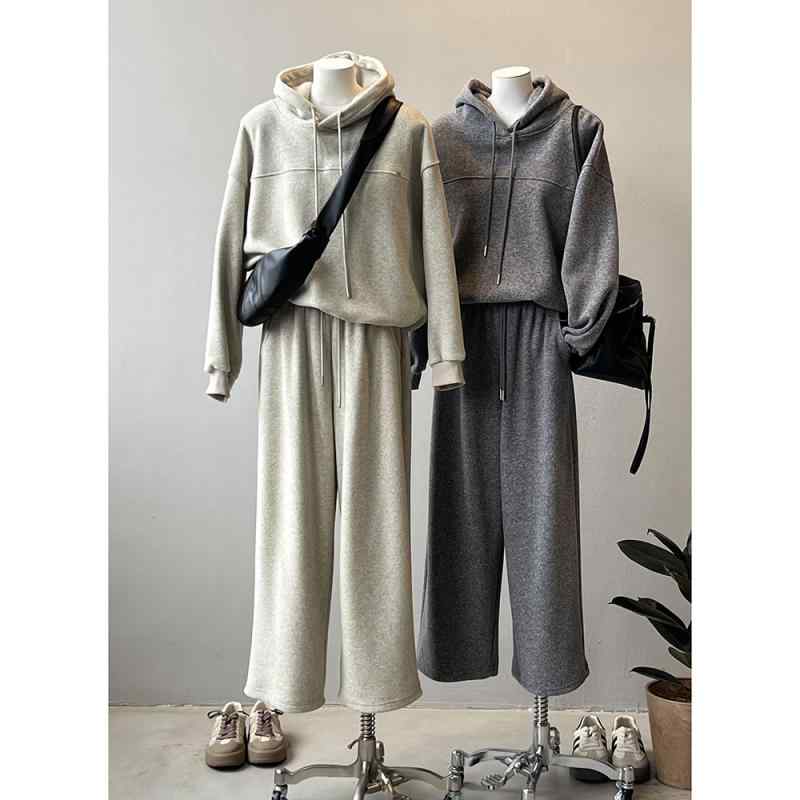 カジュアルセットアップ レディース 裏起毛 フード付き 長袖 スウェット パーカー ワイドパンツ 2点セット 秋 部屋着 ルームウェア ゆったり リラックス 無地 ビスコース