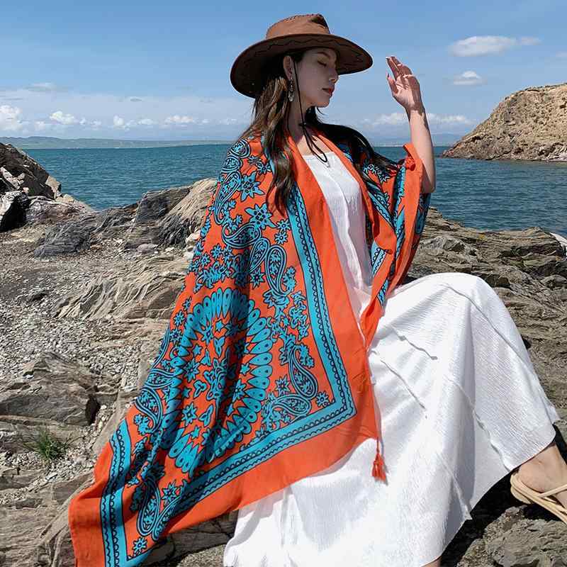 ポンチョ レディース 日焼け対策 UV対策 薄手 涼しい 大判 おしゃれ カジュアル レトロ エスニック柄 ペイズリー柄 フリンジ オールシーズン アウトドア リゾート 旅行 海辺 ストール ケープ